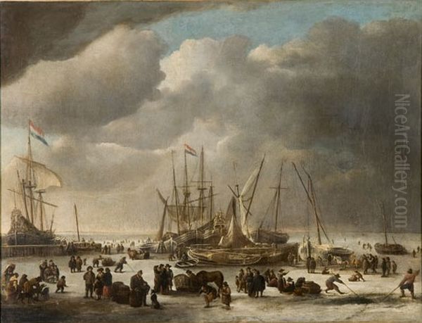 Winter landscape with skaters and sledges on the Oosterdok in Amsterdam Oil Painting by Anthonie Beerstraaten