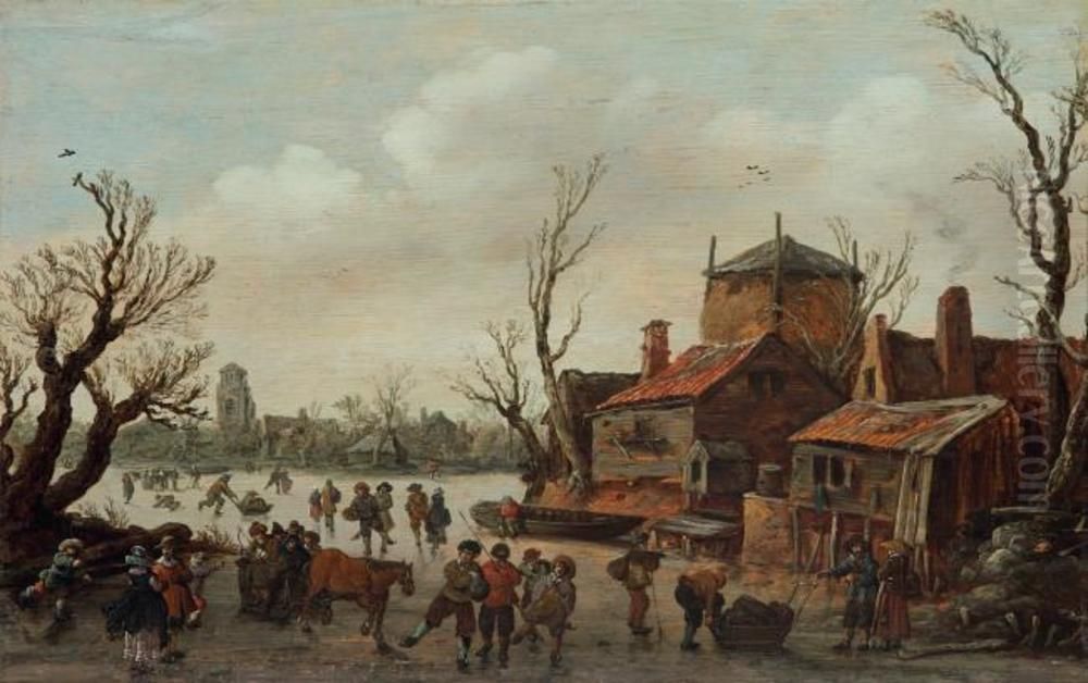 Winter Landscape with Skaters on a River Oil Painting by Jan van Goyen