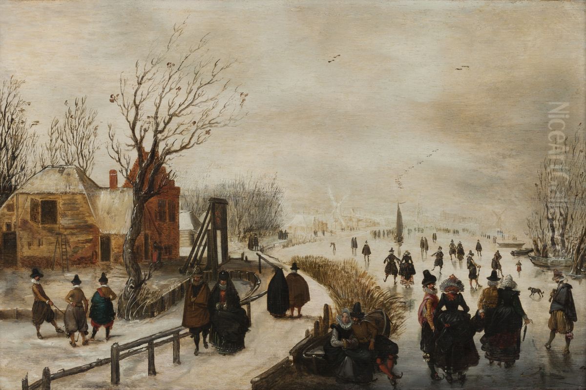 Winterlandschap met schaatsers Oil Painting by Adam van Breen