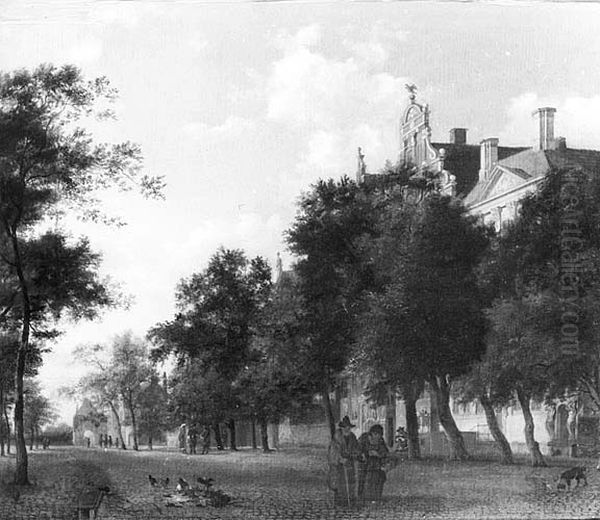 View of a Dutch City Oil Painting by Jan Van Der Heyden