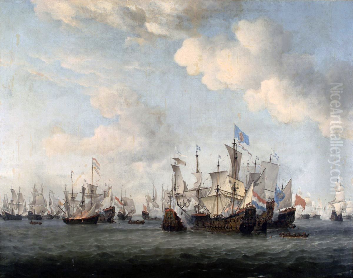 Naval battle near Kijkduin (between the Dutch and the French) Oil Painting by Willem van de Velde the Younger