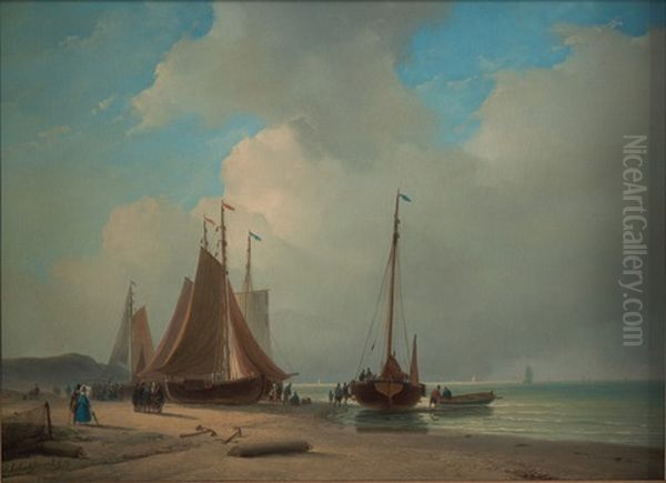 Sailing-boats Oil Painting by Andreas Schelfhout