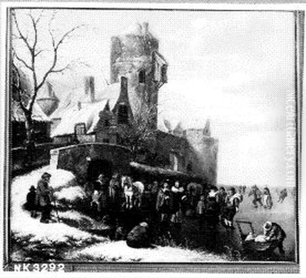 IJsgezicht met schaatsers bij een stadsmuur Oil Painting by Nicolaes Molenaer
