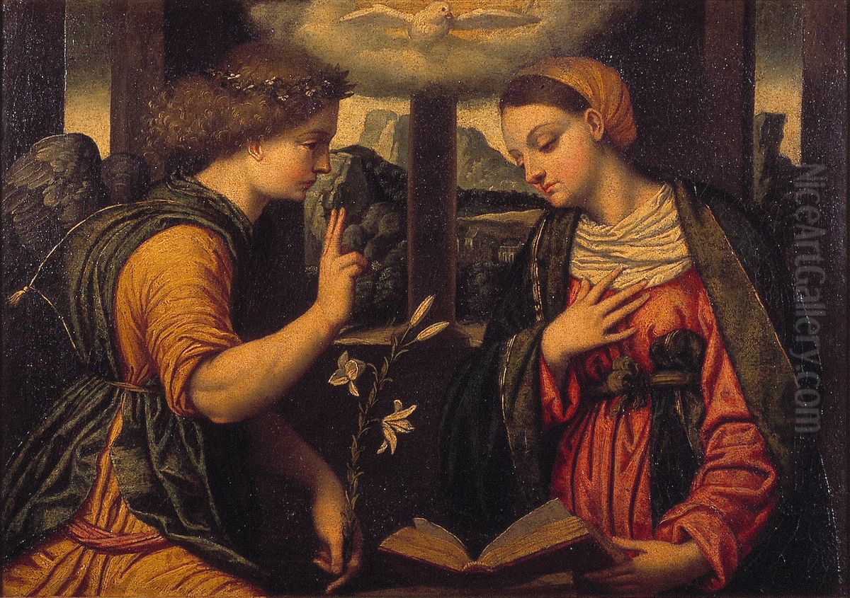 De Annunciatie Oil Painting by Alessandro Bonvicino (Moretto da Brescia)