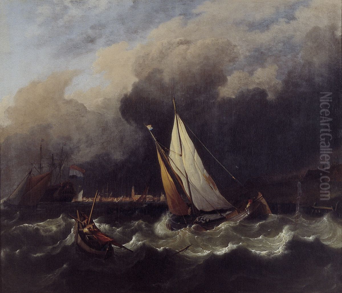 Ships off the coast near Hoorn in stormy weather Oil Painting by Ludolf Bakhuizen
