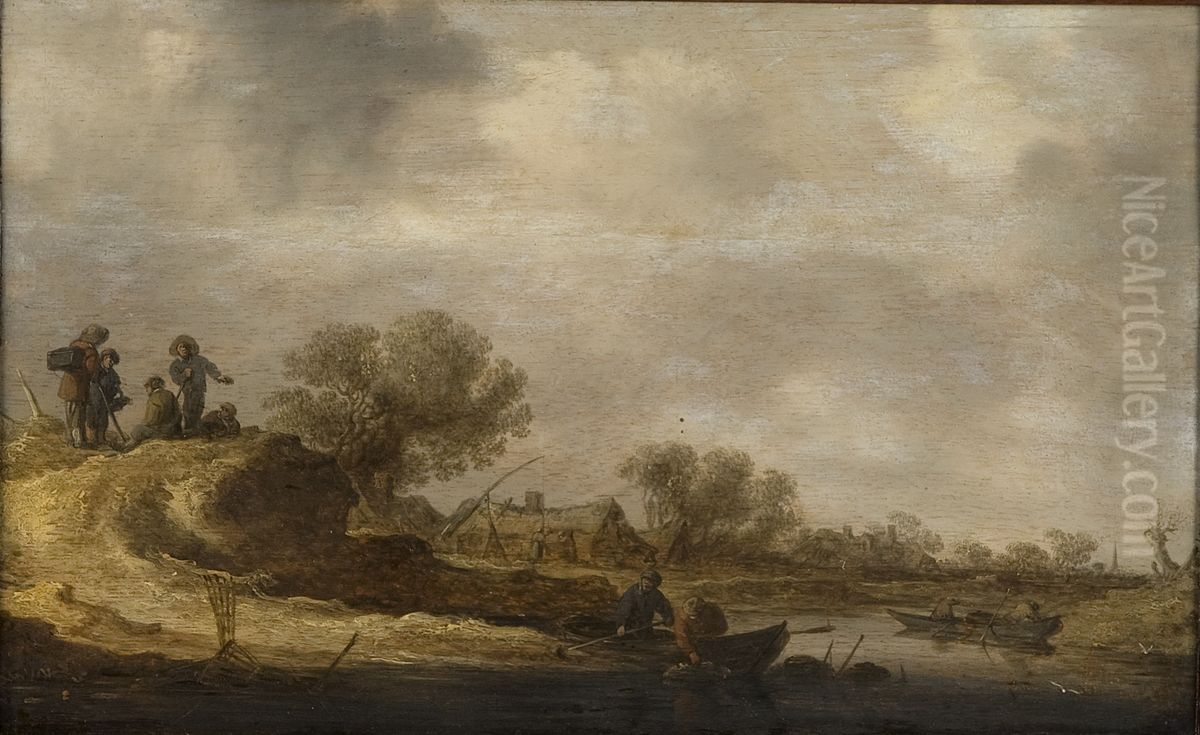 Landschap met rustende reizigers op heuvel bij rivier Oil Painting by Jan van Goyen