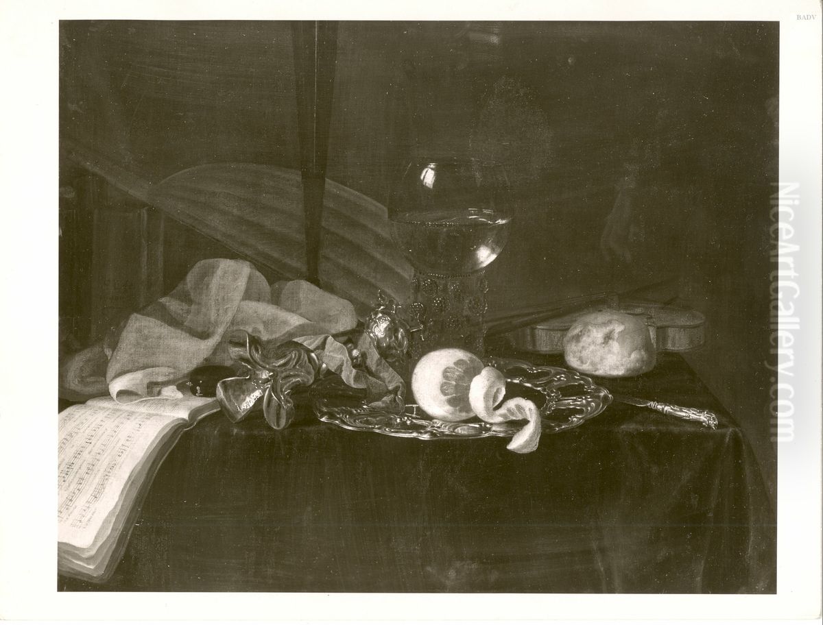 Stilleven met roemer, glasstandaard en muziekinstrumenten Oil Painting by Simon Luttichuys