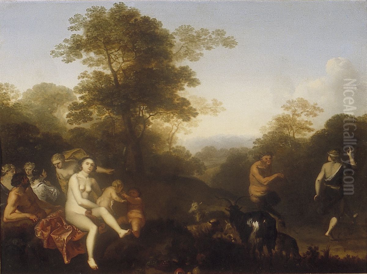Nimfen en saters in een landschap Oil Painting by Cornelius van Poelenburgh