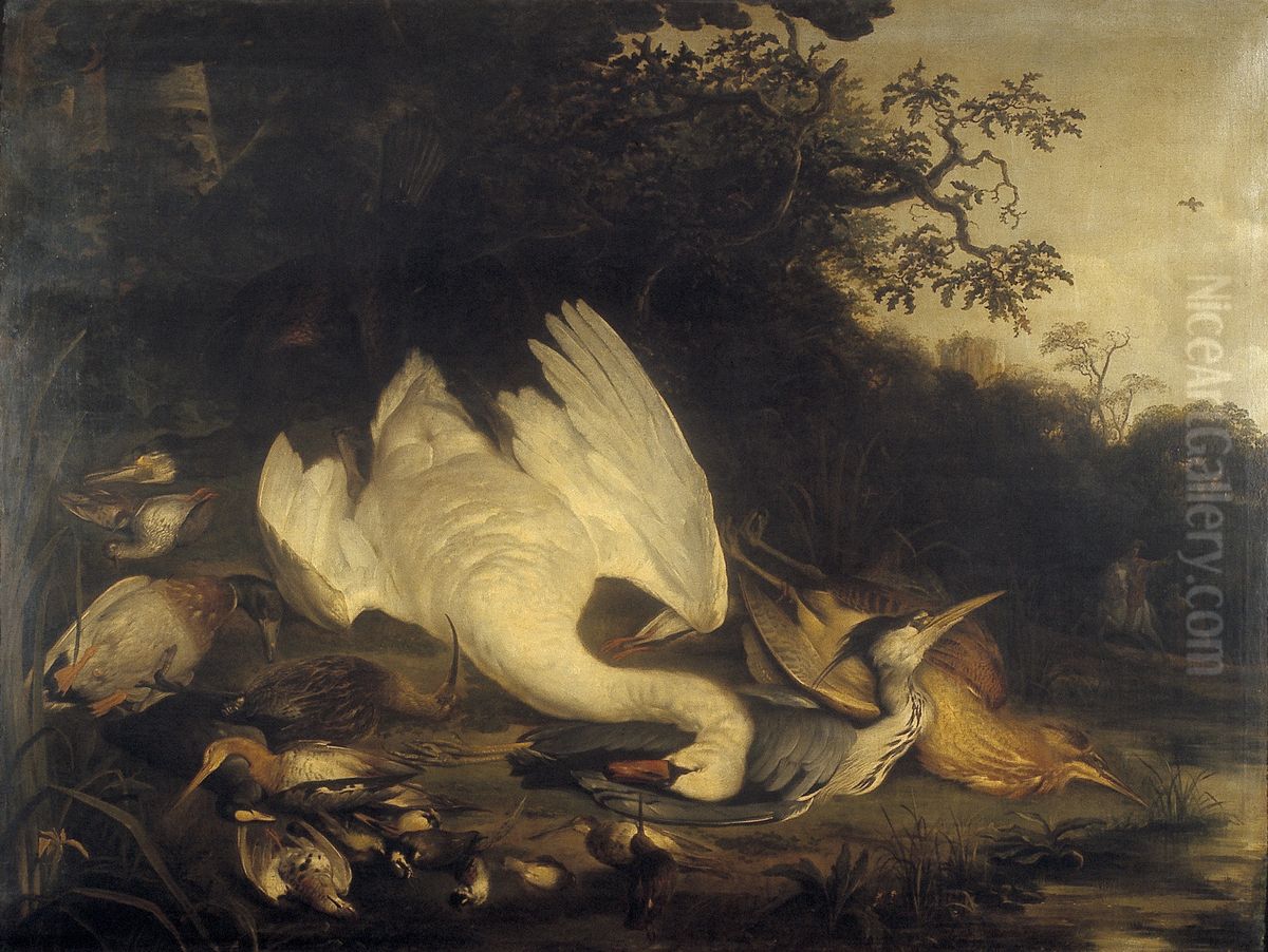 Zwaan, aalscholver en andere dode vogels in een landschap Oil Painting by Jacob de Wet II