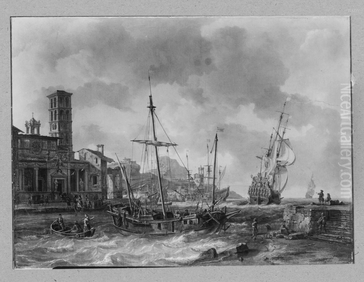 Italienischer Hafen mit Segelschiffen und Staffage Oil Painting by Abraham Storck