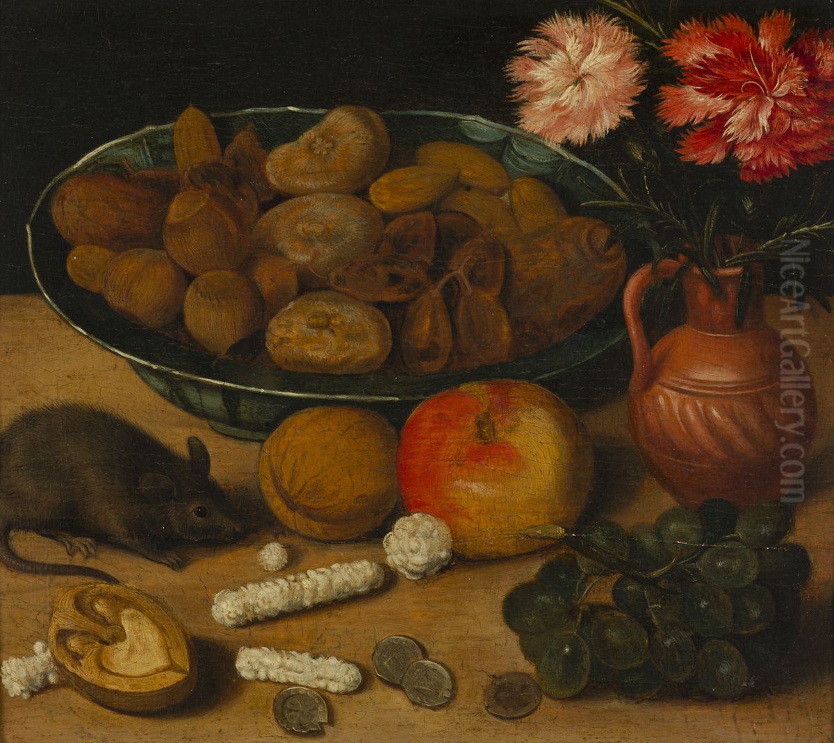 Stilleven met vaas bloemen, noten, vruchten en muis Oil Painting by Georg Flegel