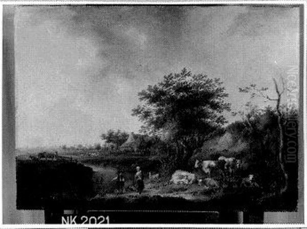 Landscape with farmhouse, cattle and an angler Oil Painting by Balthasar-Paul Ommeganck