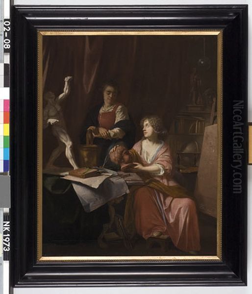 Lady and girl in the studio of an artist Oil Painting by Johannes Voorhout