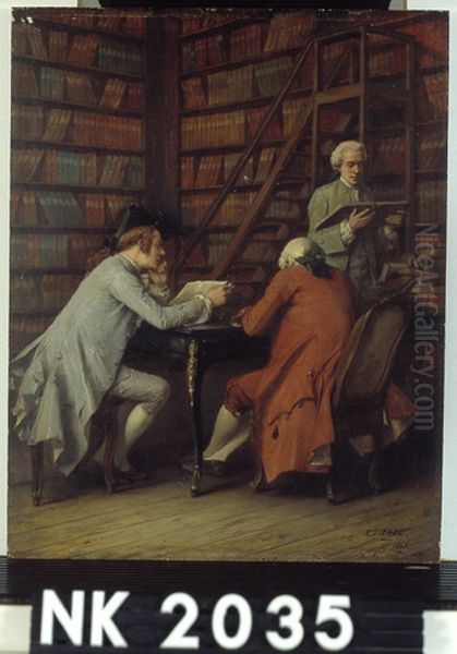 Drie mannen in een bibliotheek Oil Painting by Eugene Fichel