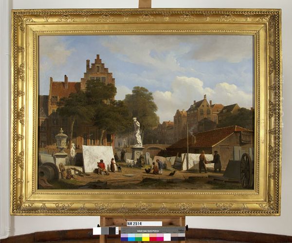 Steenhouwers werkplaats in een stad Oil Painting by Lambertus Hardenberg