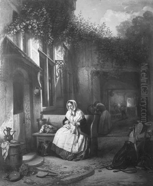 Breiende vrouw op binnenplaats Oil Painting by Jan August Hendrik Leys