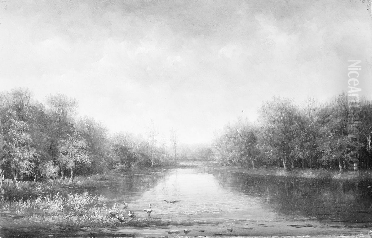 Landschap met vijver en bomen Oil Painting by Johannes Warnardus Bilders