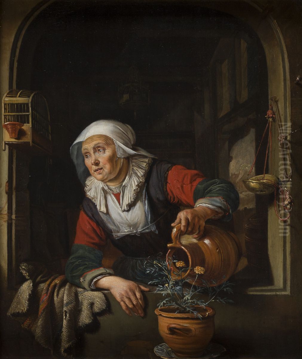 Een oude vrouw in een venster geeft een plant water Oil Painting by Domenicus Van Tol