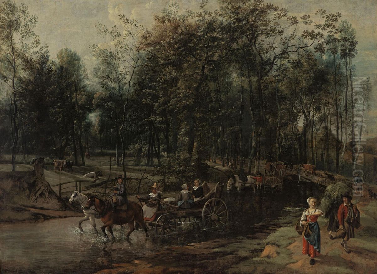 The Afternoon or Landscape with farm carts in a stream Oil Painting by Johannes Siberechts