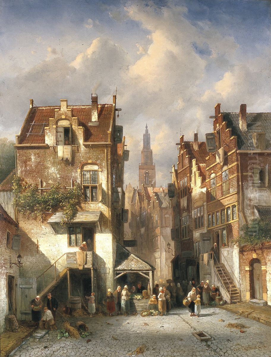 view of a town Oil Painting by Charles Henri Leickert