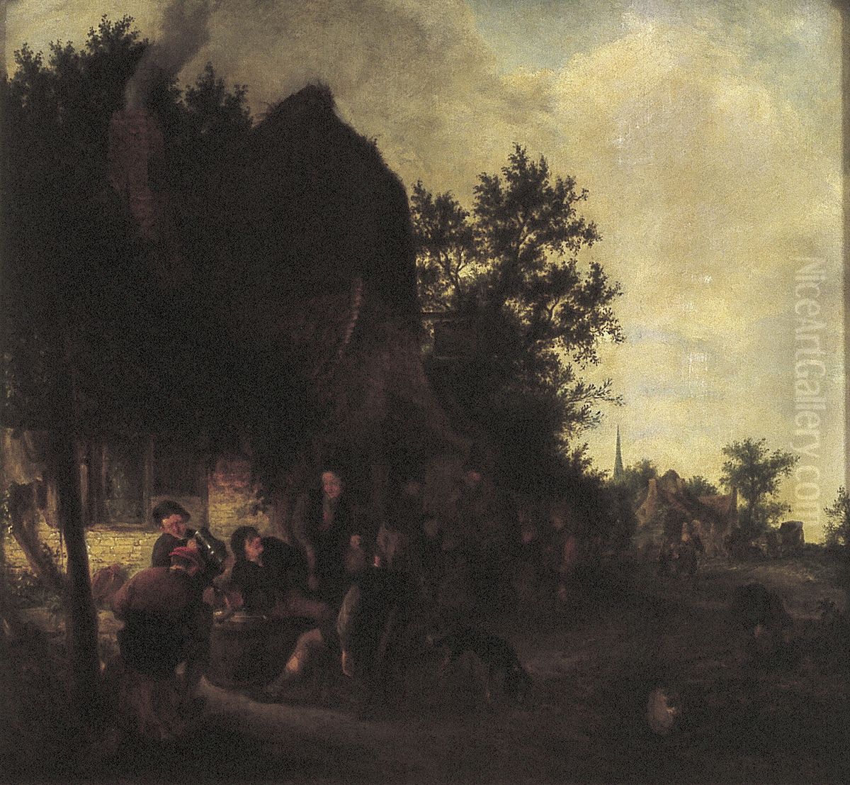 Peasants drinking before an inn Oil Painting by Adriaen van Ostade