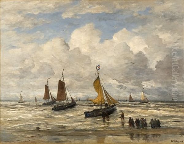 Vissersboten in de branding Oil Painting by Hendrik Willem Mesdag
