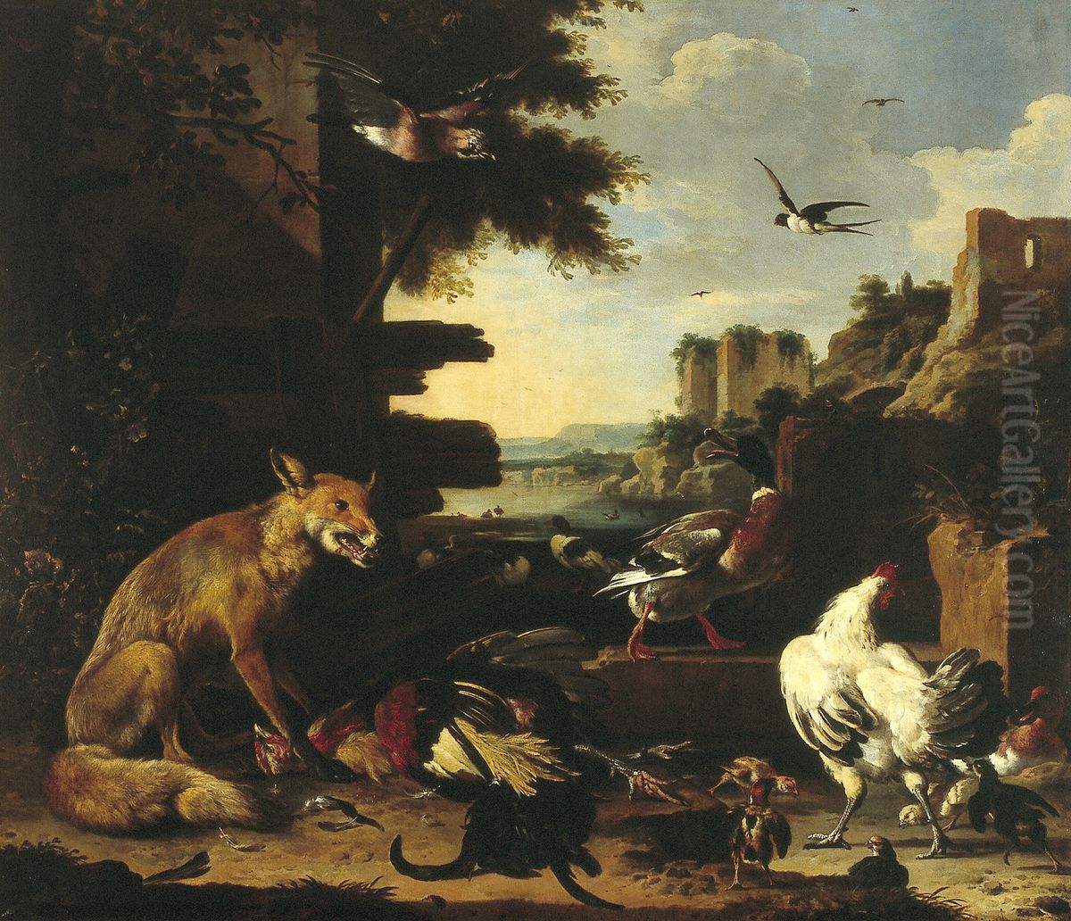 Fox with dead rooster and poultry in a park landscape Oil Painting by Melchior D'Hondecoeter