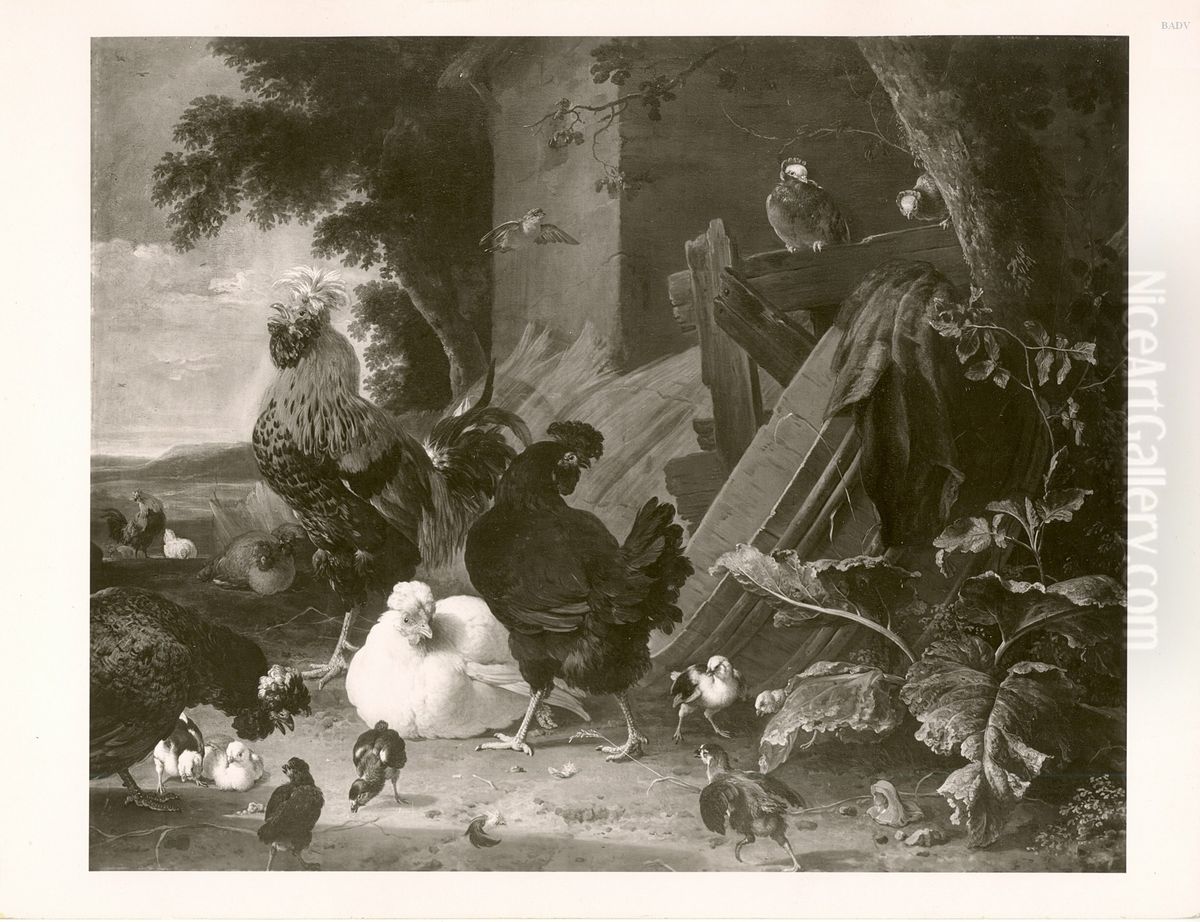 hen - yard Oil Painting by Melchior D'Hondecoeter