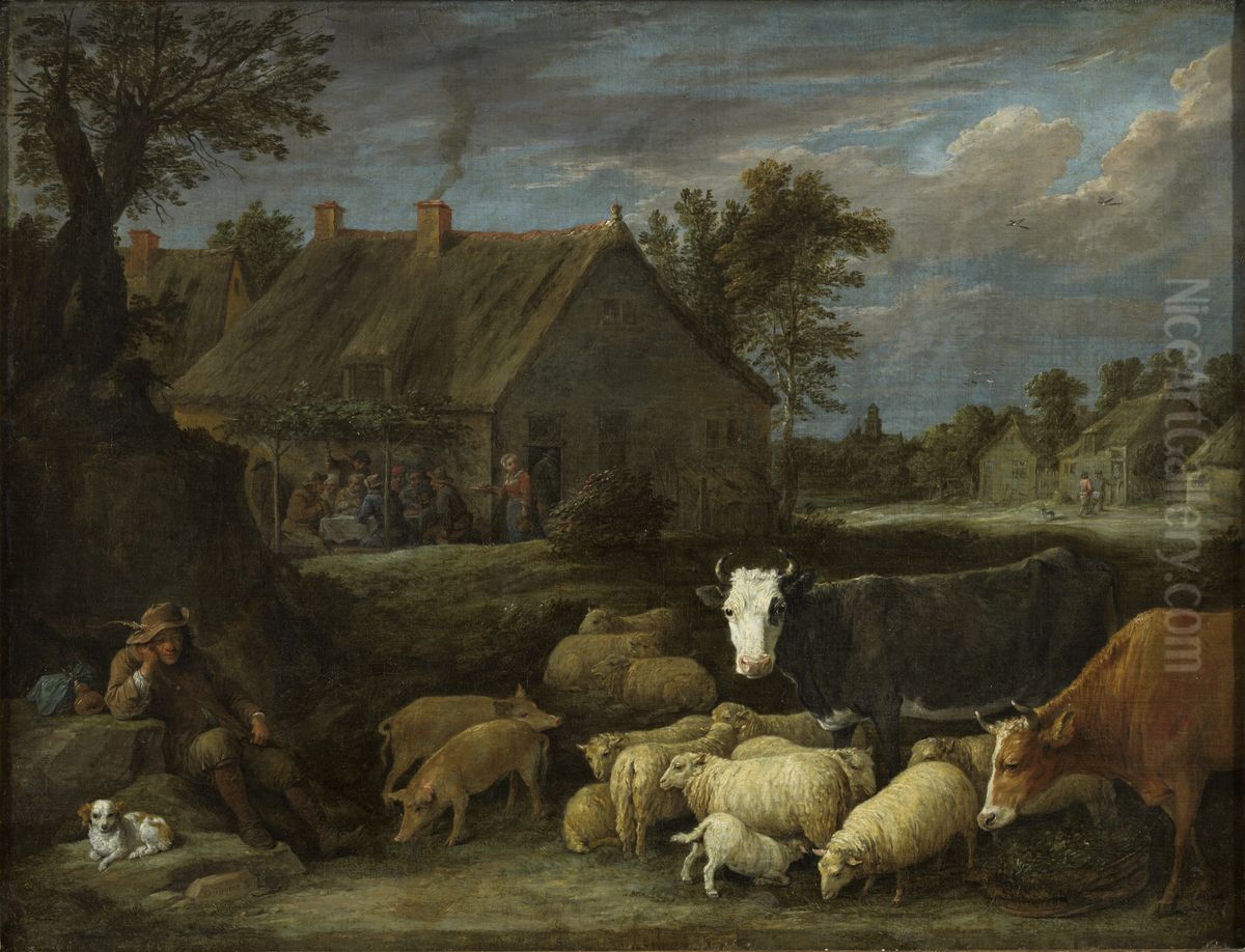 Flock in a village Oil Painting by David Teniers the Younger