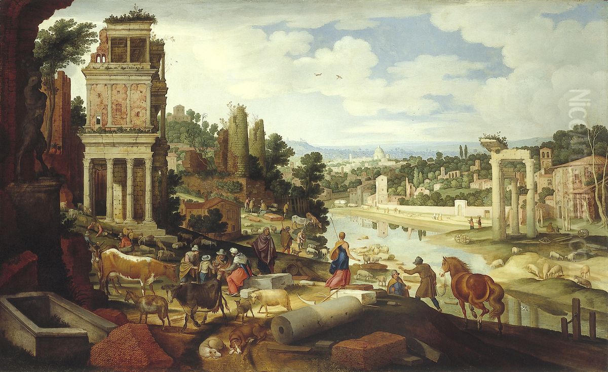 Romeinse capriccio met het Septizodium, de Tombe van Porsenna en de Tempel van Vesta Oil Painting by Willem van Nieulandt II