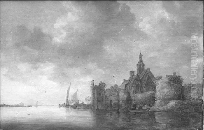 Versterkingen en kerk aan rivier Oil Painting by Jan van Goyen