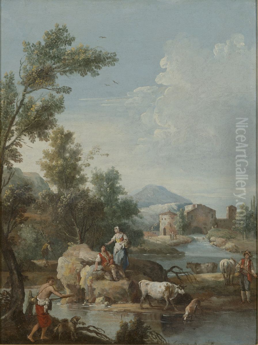 Italiaans landschap met rivier, figuren en vee Oil Painting by Giuseppe Zais