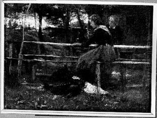 Boy and girl drinking in the open air Oil Painting by Jacob Maris