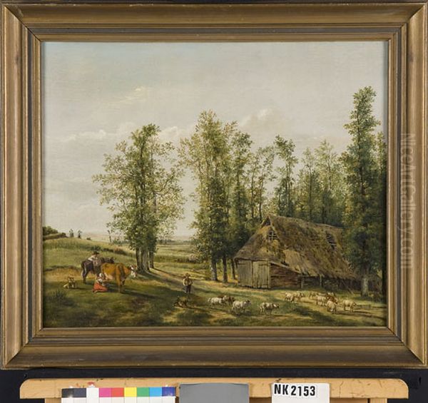 Landschap met een herder en zijn kudde bij een schaapskooi Oil Painting by Pieter Gerardus Van Os