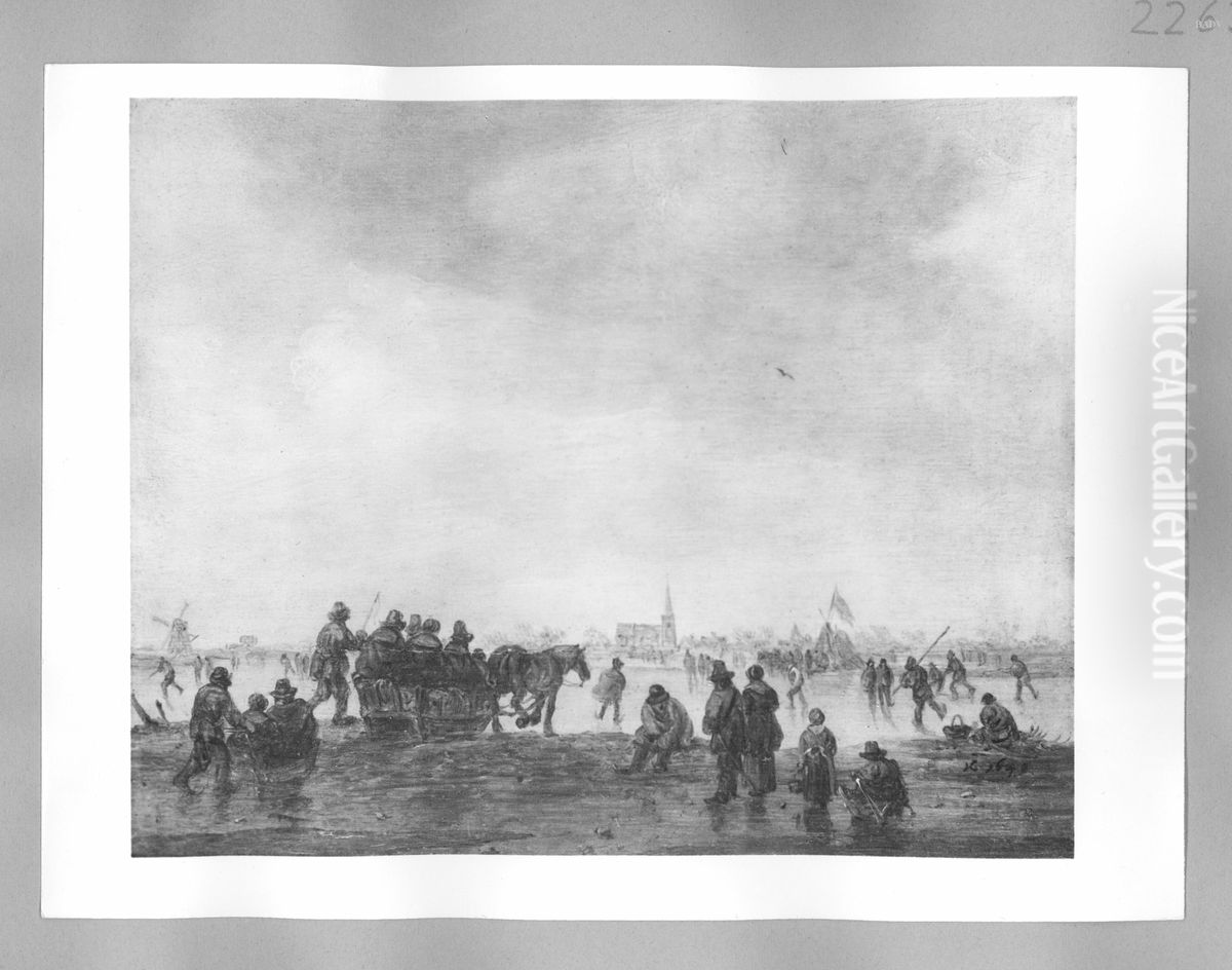 Bevroren rivier met schaatsers en paardeslee Oil Painting by Jan van Goyen