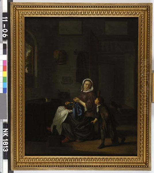 Mother, sewing Oil Painting by Pieter Cornelisz van Slingelandt