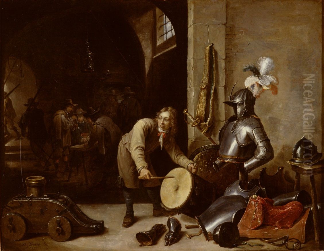 Guardroom interior with a young man with a drum Oil Painting by David Teniers the Younger