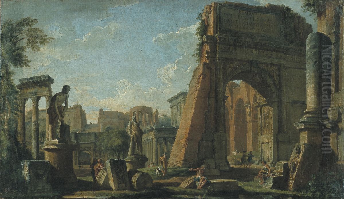 Roman Ruins in landscape with monumental statues and posing figures Oil Painting by Giovanni Paolo Panini