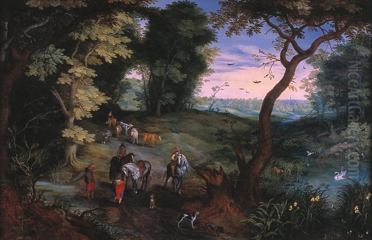 Wooded Landscape with Horsemen and Cattle Oil Painting by Jan Brughel