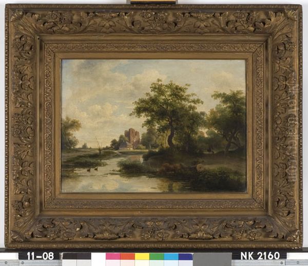 Landschap met de ruines van kasteel Brederode Oil Painting by Andreas Schelfhout