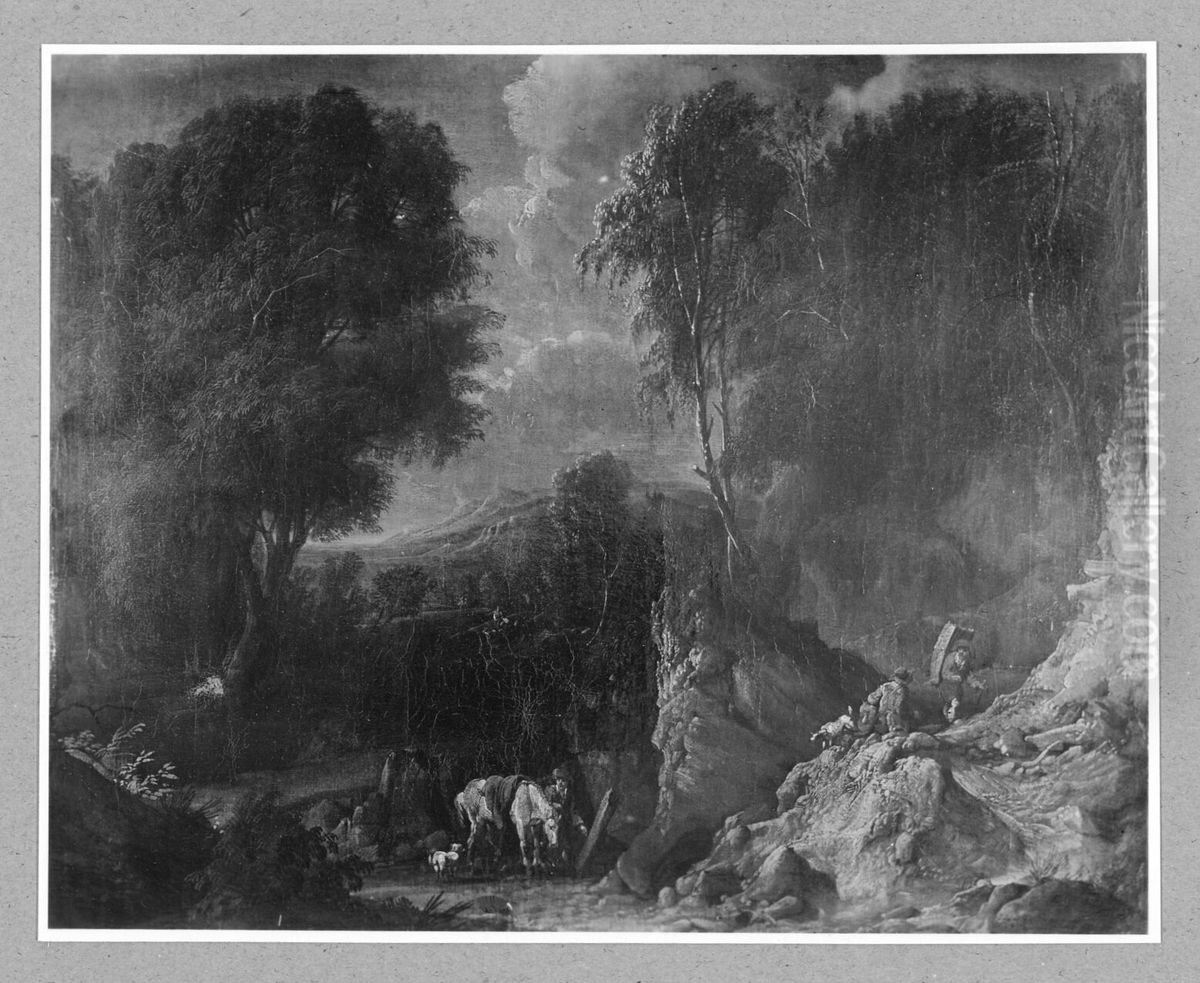 Rotsachtig landschap met reizigers Oil Painting by Cornelis Huysmans