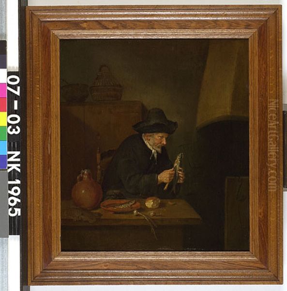 Old man cleaning herring Oil Painting by Quirijn van Brekelenkam