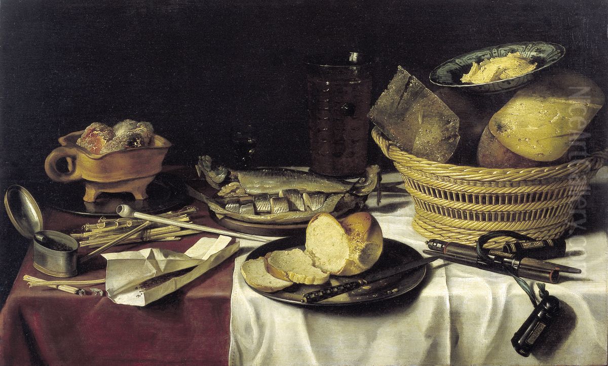 Stilleven met haringen, brood, kazen en rookwaar Oil Painting by Pieter Claesz