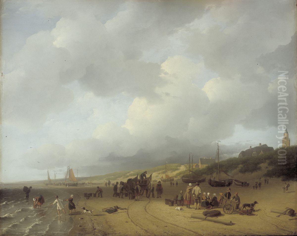 Boten met vissers op het strand bij Scheveningen Oil Painting by Andreas Schelfhout