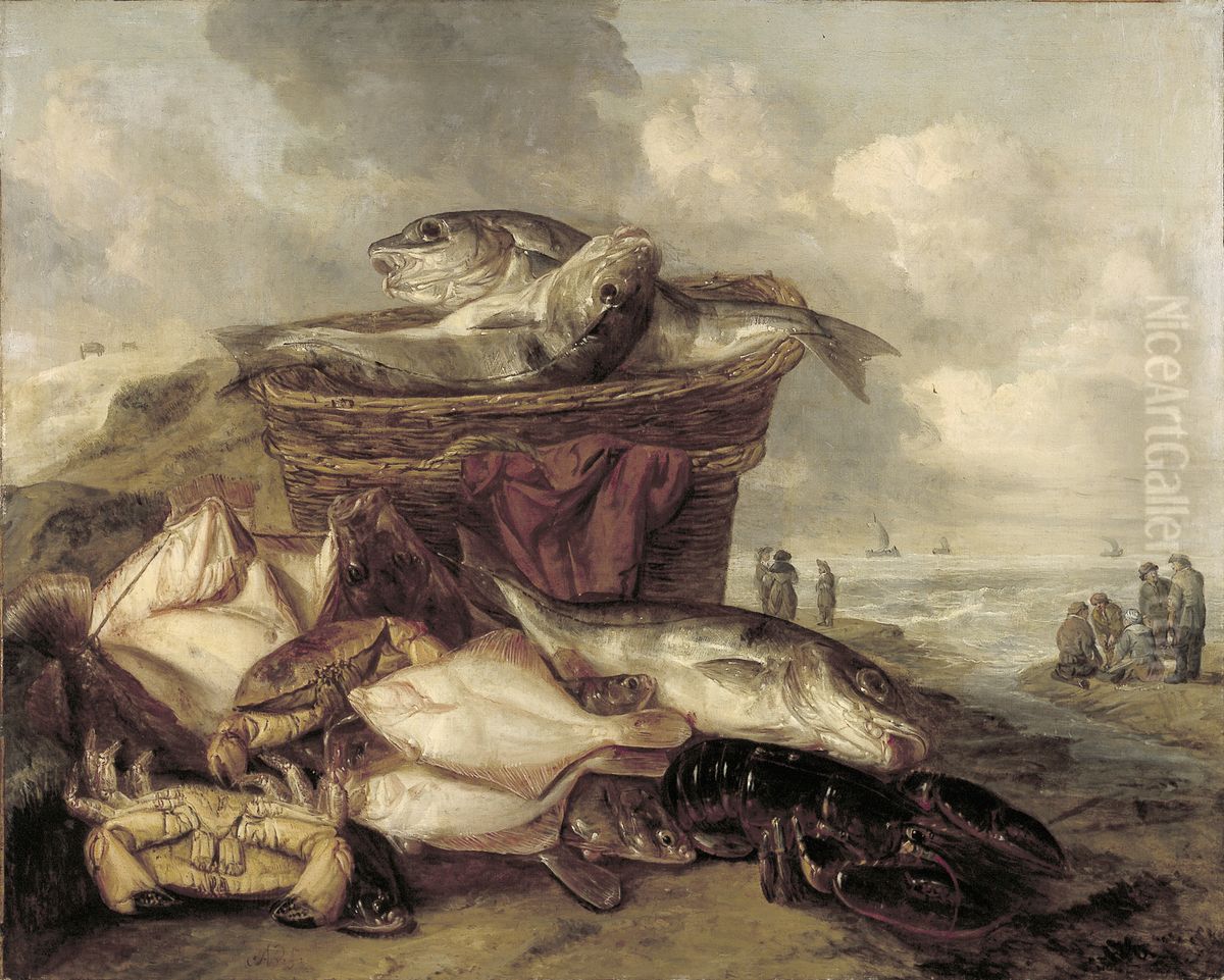 Stilleven met vis en twee manden op het strand Oil Painting by Abraham Van Beijeren