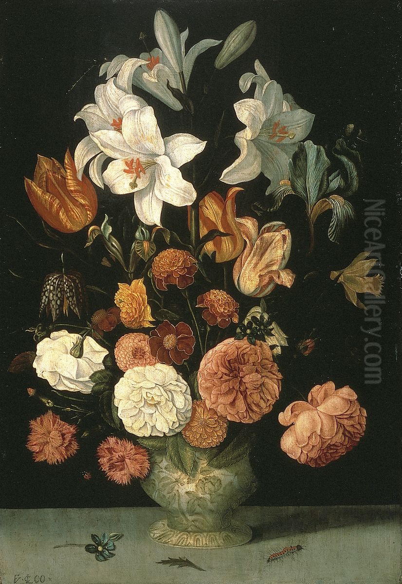 Flowers in a porcelain vase Oil Painting by Gillis van Coninxloo