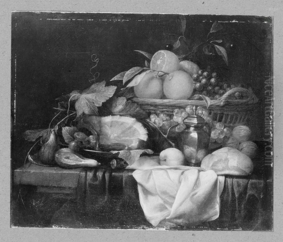 Stilleven met fruit, ham, noten, en een vaas met zilveren deksel Oil Painting by Joris Van Son