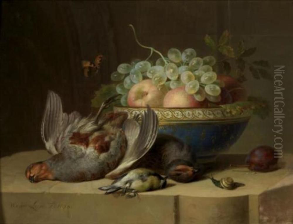 Stilleven met fruitschaal en vogels Oil Painting by Willem van Leen