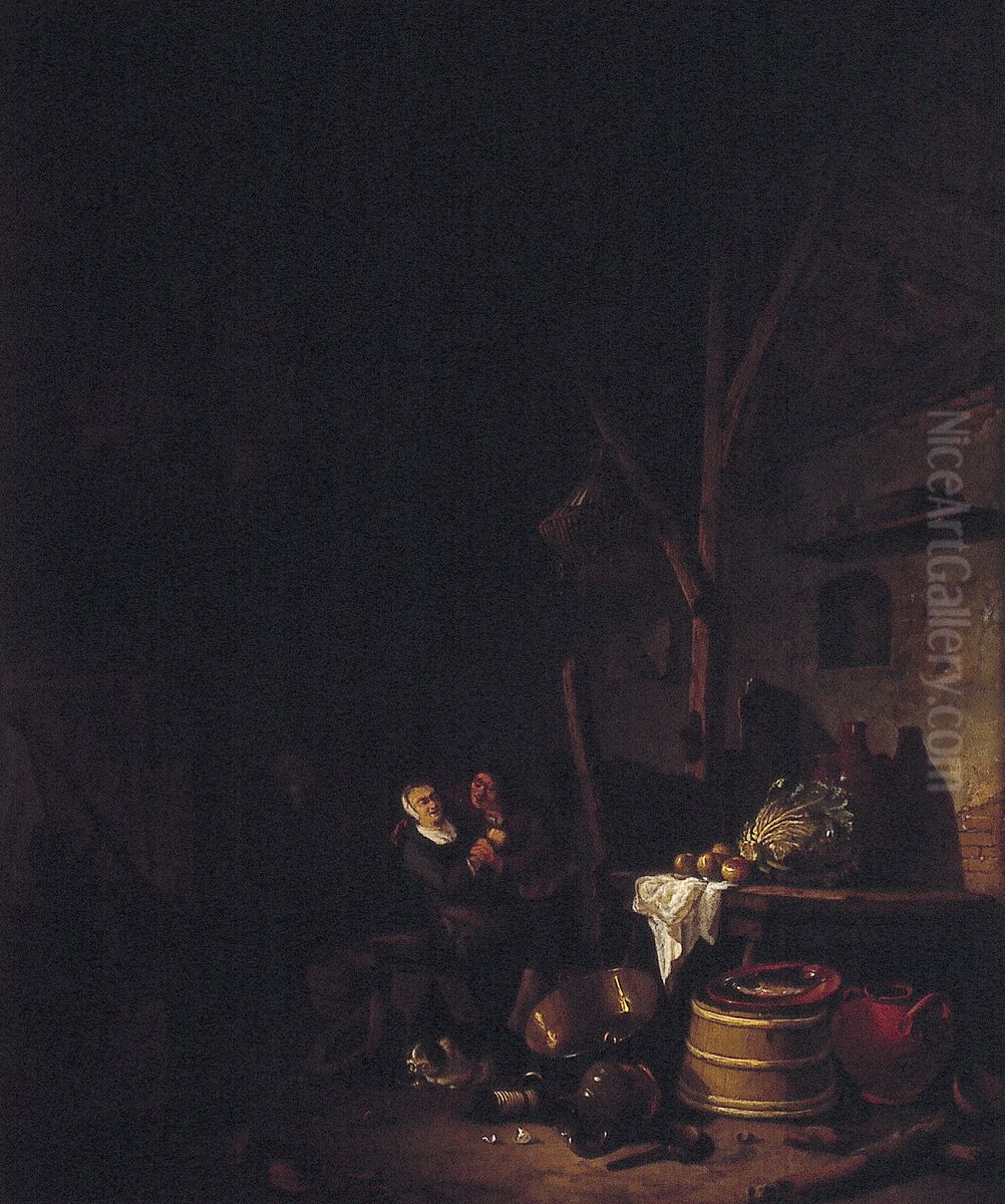 Interior of a barn with a peasant courting a woman Oil Painting by Hendrik Martenszoon Sorgh