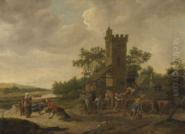 River landscape with figures and a wagon near a tower Oil Painting by Jan Steen
